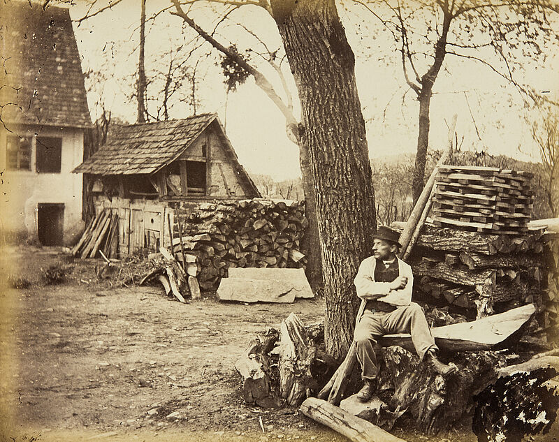 Georg Maria Eckert, Ländliche Studien und Schiffe auf dem Neckar – Hütte mit Baumstamm und Staffage, 1867/68