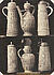 Ludwig Belitski, Sechs niederdeutsche und niederländische Tonkrüge aus weißem Steinzeug, 16. Jahrhundert (aus: Vorbilder für Handwerker und Fabrikanten...), vor 1855