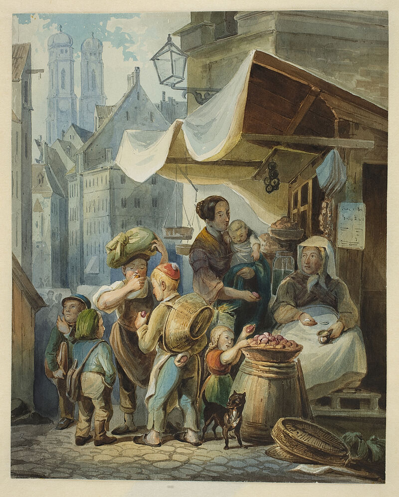 Marktszene mit Marktfrau, Kunden und Kindern an einem Obst- und Eierstand während der Osterzeit, um 1855