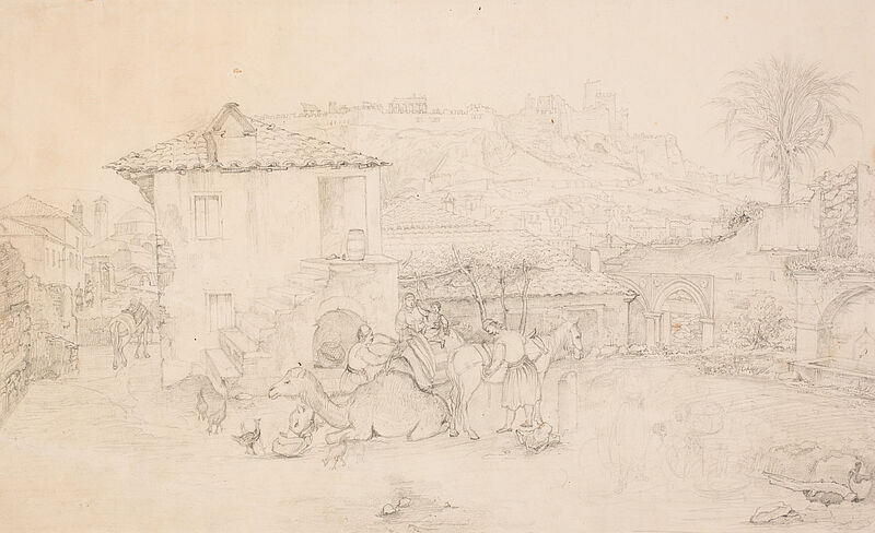 Leo von Klenze, Hof mit Kamel und Pferd, Akropolis im Hintergrund