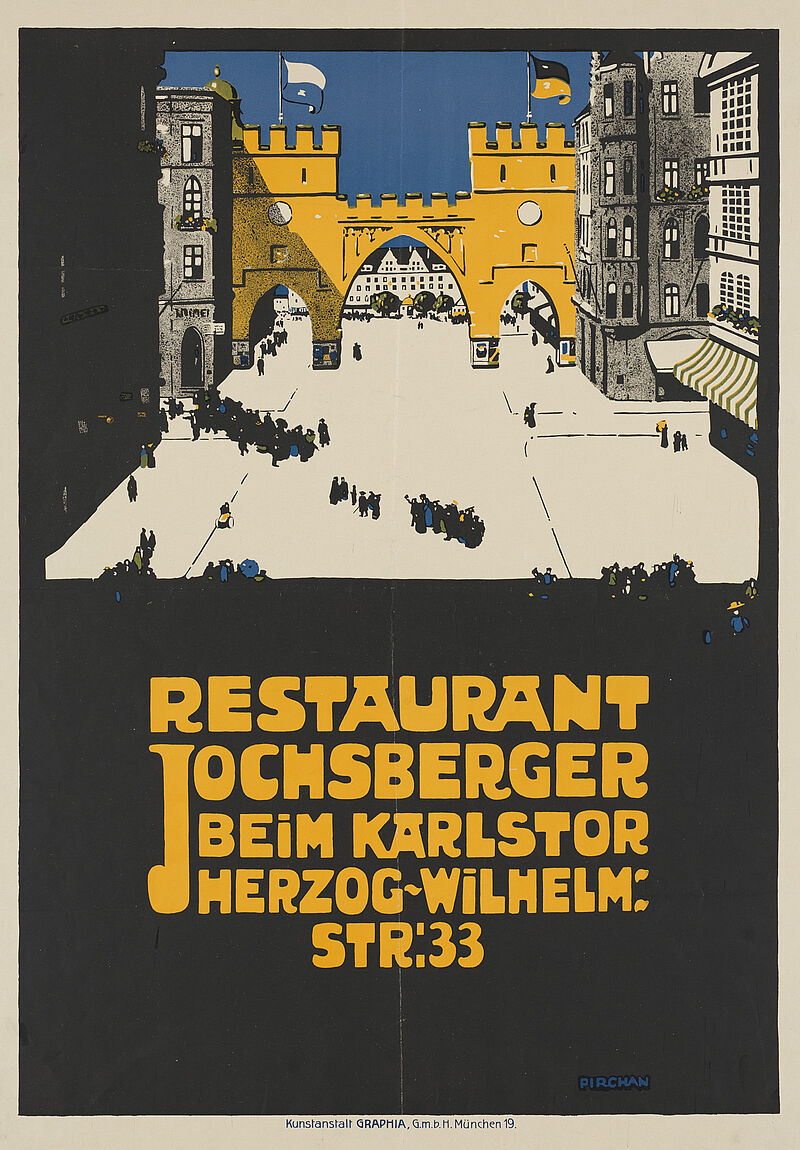 Emil Pirchan, „RESTAURANT JOCHSBERGER / BEiM KARLSTOR HERZOG-WILHELM=STR: 33“ (Originaltitel), um 1910