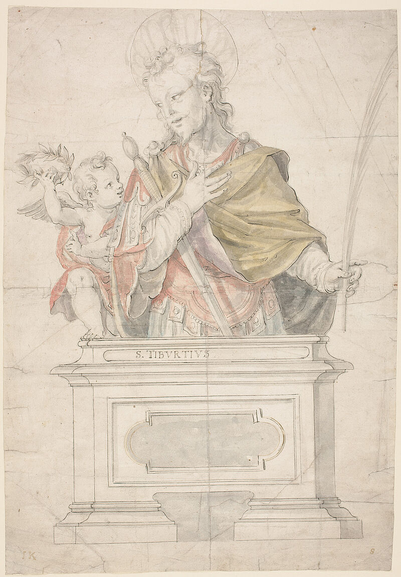 Hans Krumpper, Entwurf für ein Reliquiar, auf dem Sockel die Halbfigur des St. Tiburtius
