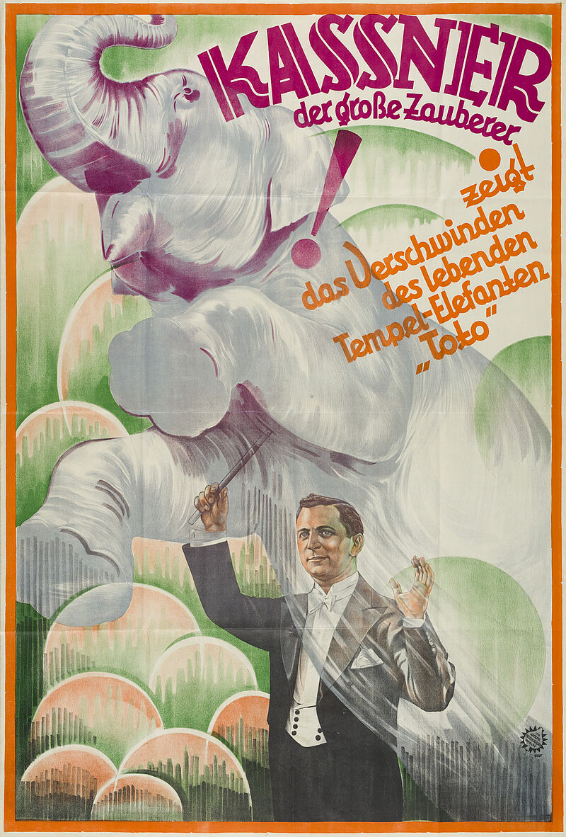 Fa. Lith. Adolph Friedländer, "Kassner der große Zauberer zeigt das Verschwinden des lebenden Tempel-Elefanten "Toto"" (Originaltitel), um 1930