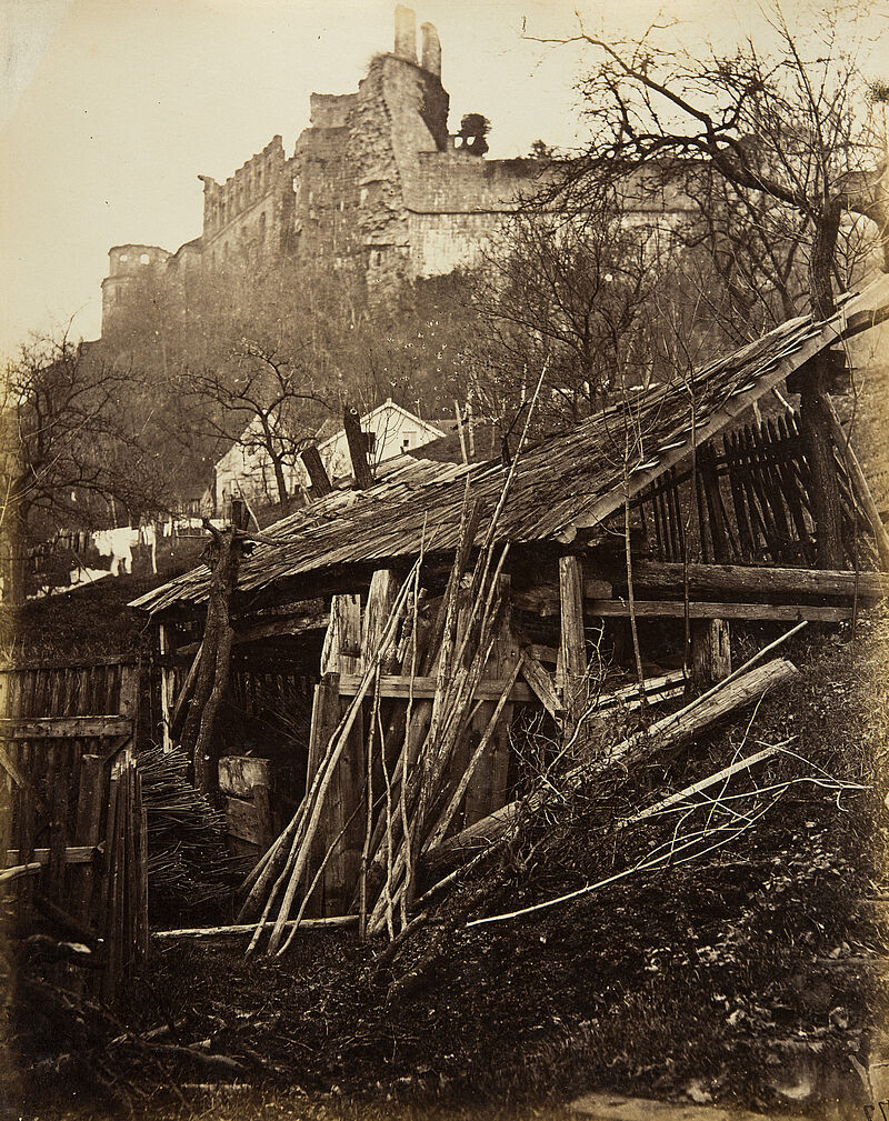 Georg Maria Eckert, Ländliche Studien und Schiffe auf dem Neckar – Hütte mit Brettern und Stangen, 1867/68
