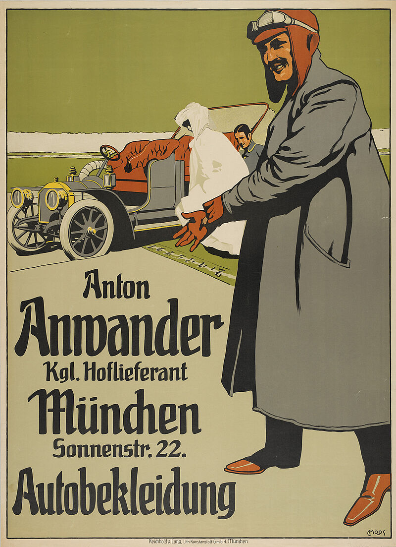 Carl Moos, „Anton / Anwander / Kgl. Hoflieferant / München / Sonnenstr. 22 / Autobekleidung“ (Originaltitel), um 1905