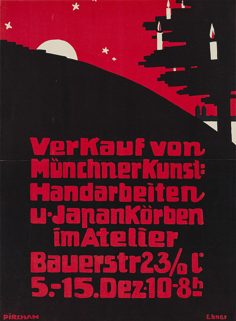 Emil Pirchan, „Verkauf von Münchner Kunst=Handarbeiten u. Japankörben im Atelier Bauerstr. 23 / o l. 5. – 15. Dez. 10-8h“ (Originaltitel), um 1912