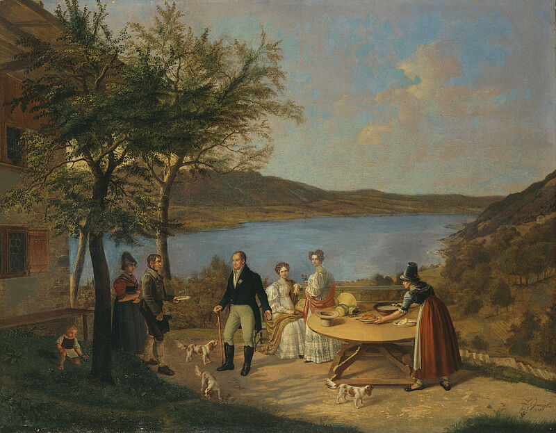 Lorenzo Quaglio, König Max I. Joseph mit den Töchtern Marie und Sophie am Tegernsee, 1838