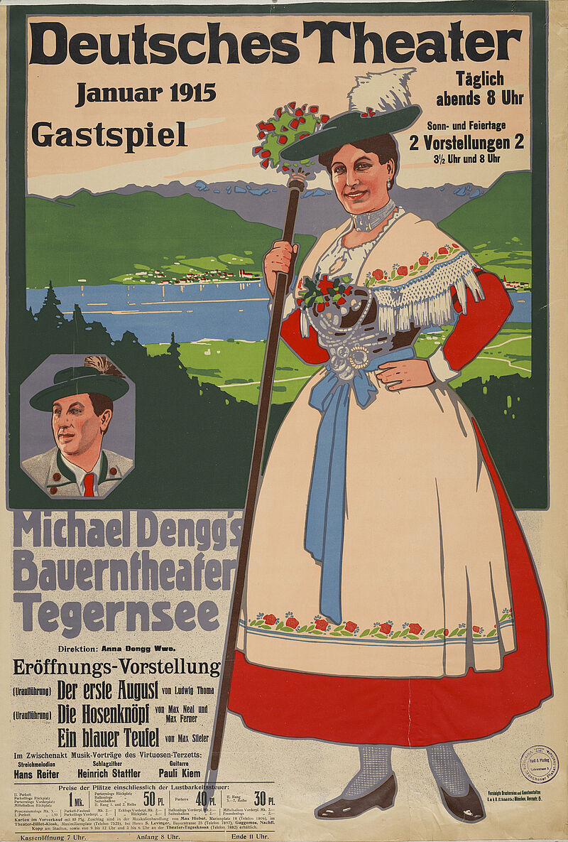Carl Moos, „Deutsches Theater / Januar 1915 / Gastspiel / Michaels Dengg's Bauerntheater Tegerrnsee“ (Originaltitel), 1915