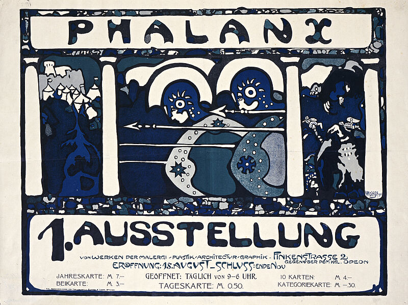 Wassily Kandinsky, "PHALANX / 1. AUSSTELLUNG / VON WERKEN DER MALERGI/PLASTIK/ARCHiTEKTUR/GRAPHiK- / FINKENSTRASSE 2 / GEGENÜBER DEM KGL. ODEON / EROEFFNUNG: 15. AUGUST – SCHLUSS: ENDE Nov" (Originaltitel) , 1901