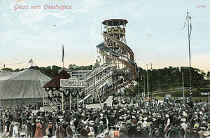 Postkarte "Gruss vom Oktoberfest" mit Toboggan, 1909