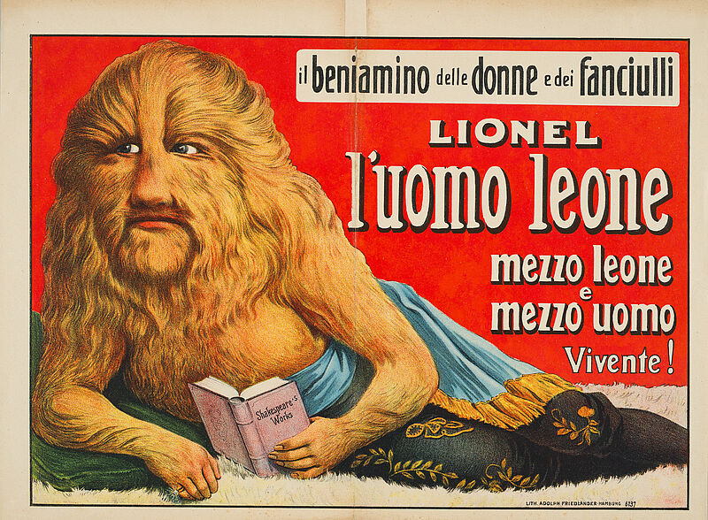 Fa. Lith. Adolph Friedländer, "il beniamino delle donne e dei fanciulli - Lionel - L'uomo leone mezzo leone e mezzo uomo - Vivente!" (Originaltitel), um 1913