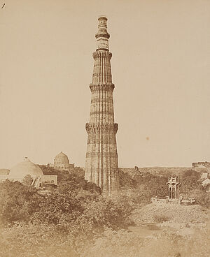 Felice Beato, The Koolub Minor near Delhi.
Kutub Minar, Delhi, India - The Kutub Minar and surrounding Ruins, from the East, Delhi, 1858