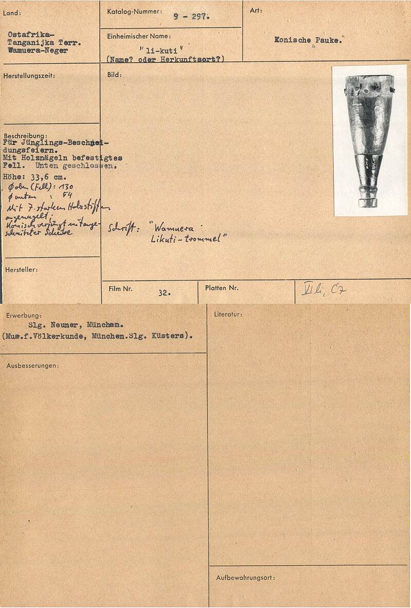 Mwera, likuti – Einfellige Mörsertrommel mit Nagelspannung, vor 1931