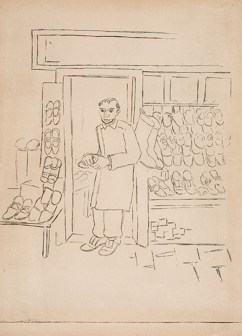 Maria Luiko, Radierung "Jüdischer Schuhmacher vor seinem Geschäft", um 1935