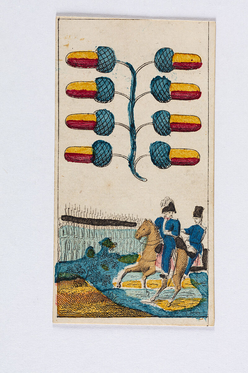 Bayerische Spielkarten "König Otto von Griechenland", 36 Blatt komplett, Daus, König, Ober, Unter, 10-6 je Farbe, um 1835/40