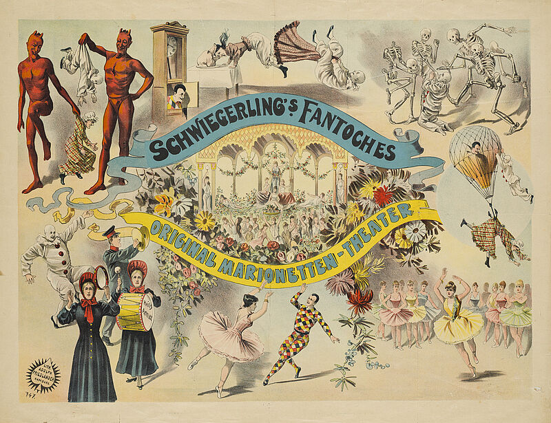 Fa. Lith. Adolph Friedländer, "Schwiegerling's Fantoches Original Marionetten-Theater" (Originaltitel), um 1896