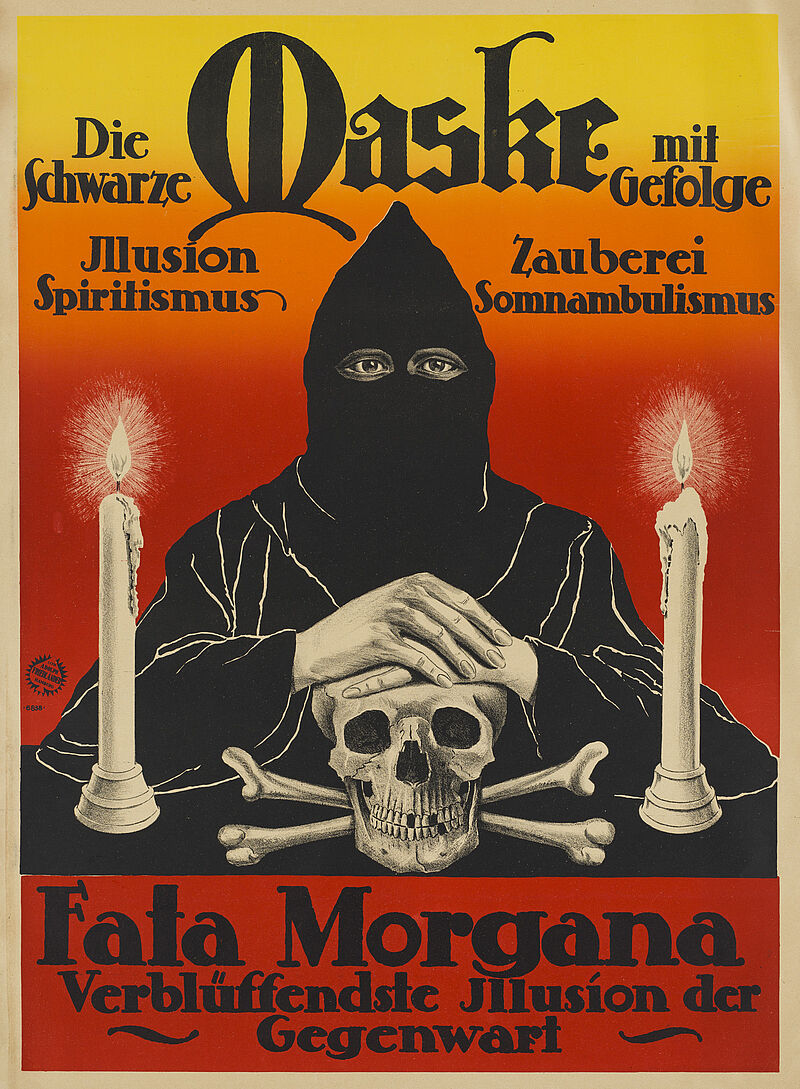 Fa. Lith. Adolph Friedländer, "Die schwarze Maske mit Gefolge. Illusion. Spiritismus. Zauberei. Somnambulismus. Die verblüffendste Illusion der Gegenwart" (Originaltitel), um 1919
