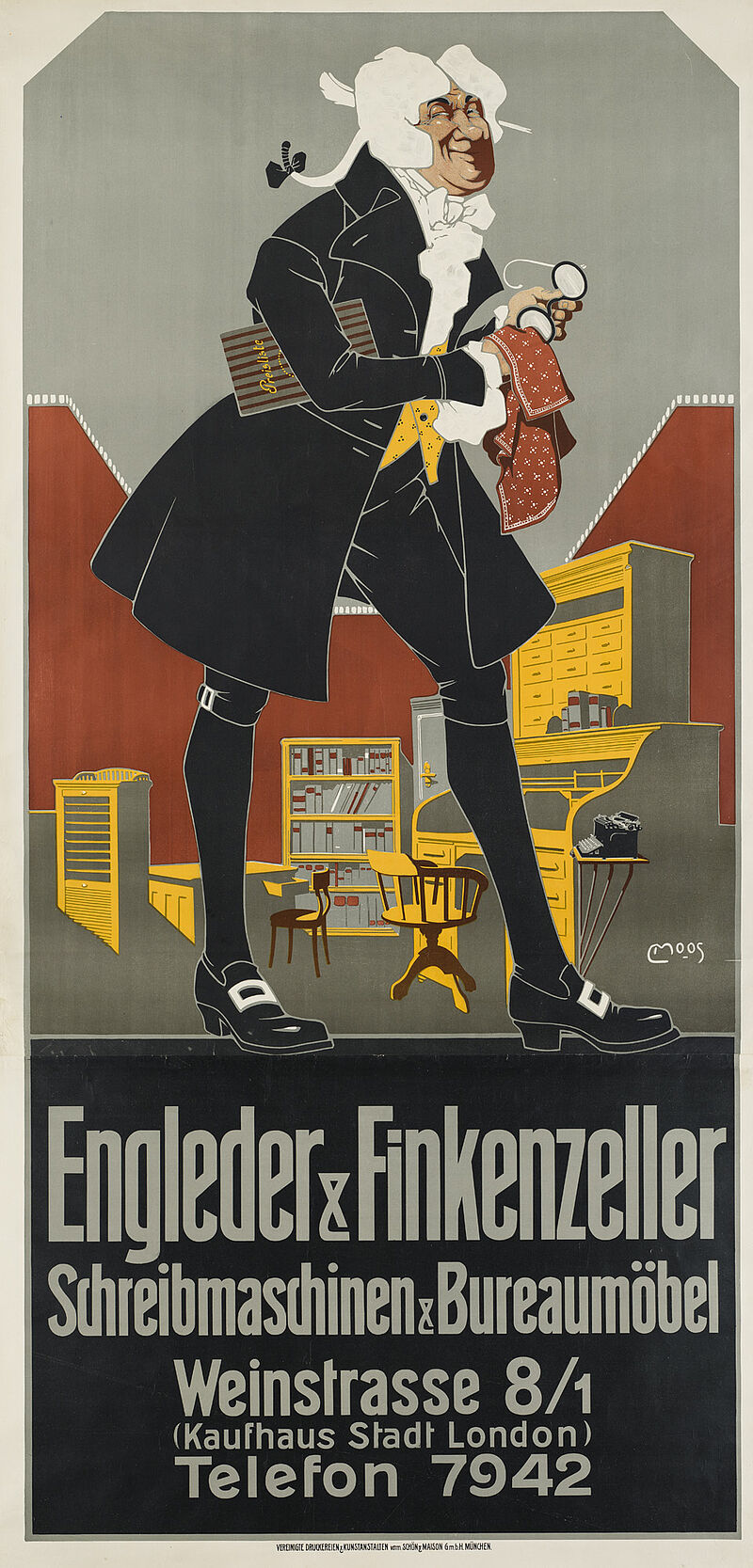 Carl Moos, „Engleder & Finkenzeller / Schreibmaschinen & Bureaumöbel / Weinstrasse 8/1“ (Originaltitel), vor 1908