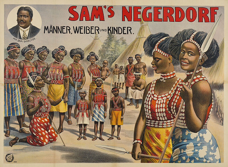 Fa. Lith. Adolph Friedländer, "Sam's Negerdorf – Männer, Weiber und Kinder – Mr. Sam Director"(Originaltitel), um 1905