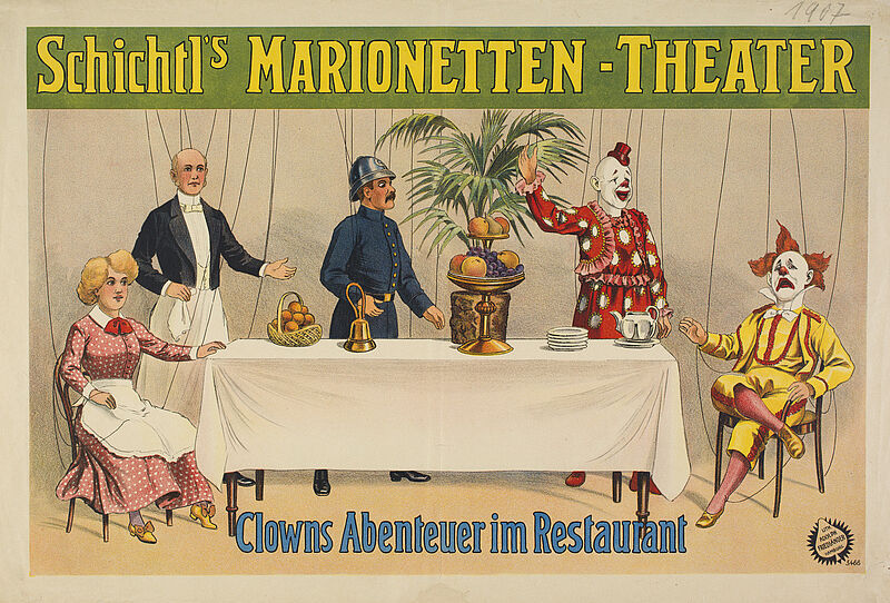 Fa. Lith. Adolph Friedländer, "Schichtl's Marionetten-Theater, Clowns Abenteuer im Restaurant" (Originaltitel), Um 1911