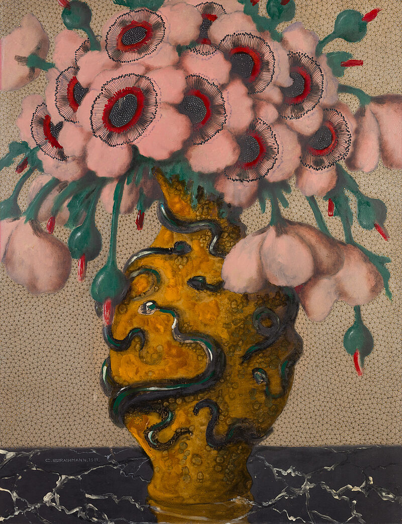 Carl Strathmann, Rosa Blumen in gelber Vase, 1917