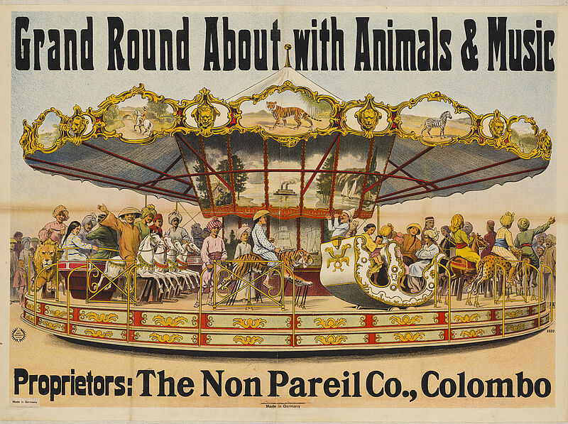 Fa. Lith. Adolph Friedländer, "Grand Round About with Animals & Music / Proprietors: The Non Pareil Co., Colombo" (Originaltitel), um 1910