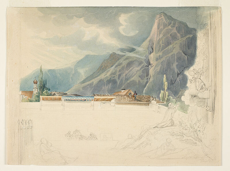 Eugen Adam, Blick über die Bühne des Passionstheaters auf Oberammergau, 1840