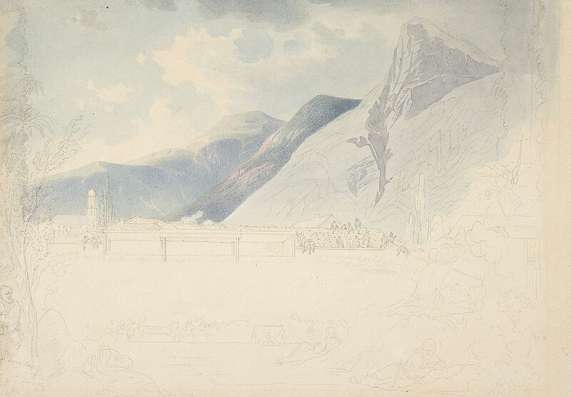 Eugen Adam, Blick über die Bühne des Passionstheaters auf Oberammergau, 1840