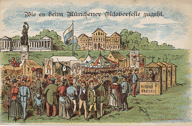 Max Mandl, Ottmar Zieher, Postkarte "Wie es beim Münchener Oktoberfeste zugeht", 1886