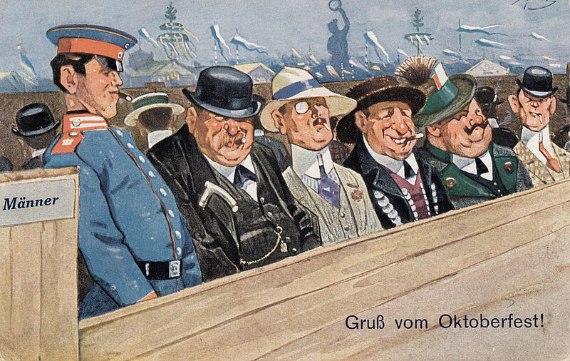 Ernst Schlemo, Oktoberfest-Postkarte "Gruß vom Oktoberfest!". Männer-Pissoir, 1913