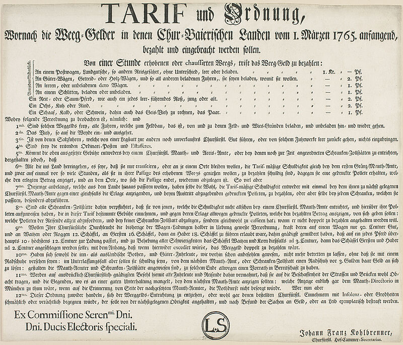 Tarif und Ordnung 1765, 1765