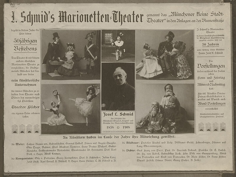 Münchner Marionettentheater, Henry Traut, Georg Pettendorfer, Foto "Werbetafel zum 50. Theaterjubiläum", 1908