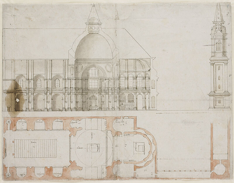 Friedrich Sustris, Grundriss und Schnitt der Michaelskirche mit dem Turm
