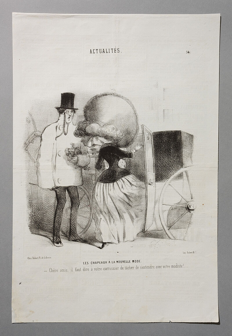 Aubert & Cie, Le Charivari, Zeitschriftenseite: Karikatur "Les Chapeaux À La Nouvelle Mode", aus: Le Charivari, S. 34, Paris, 1857