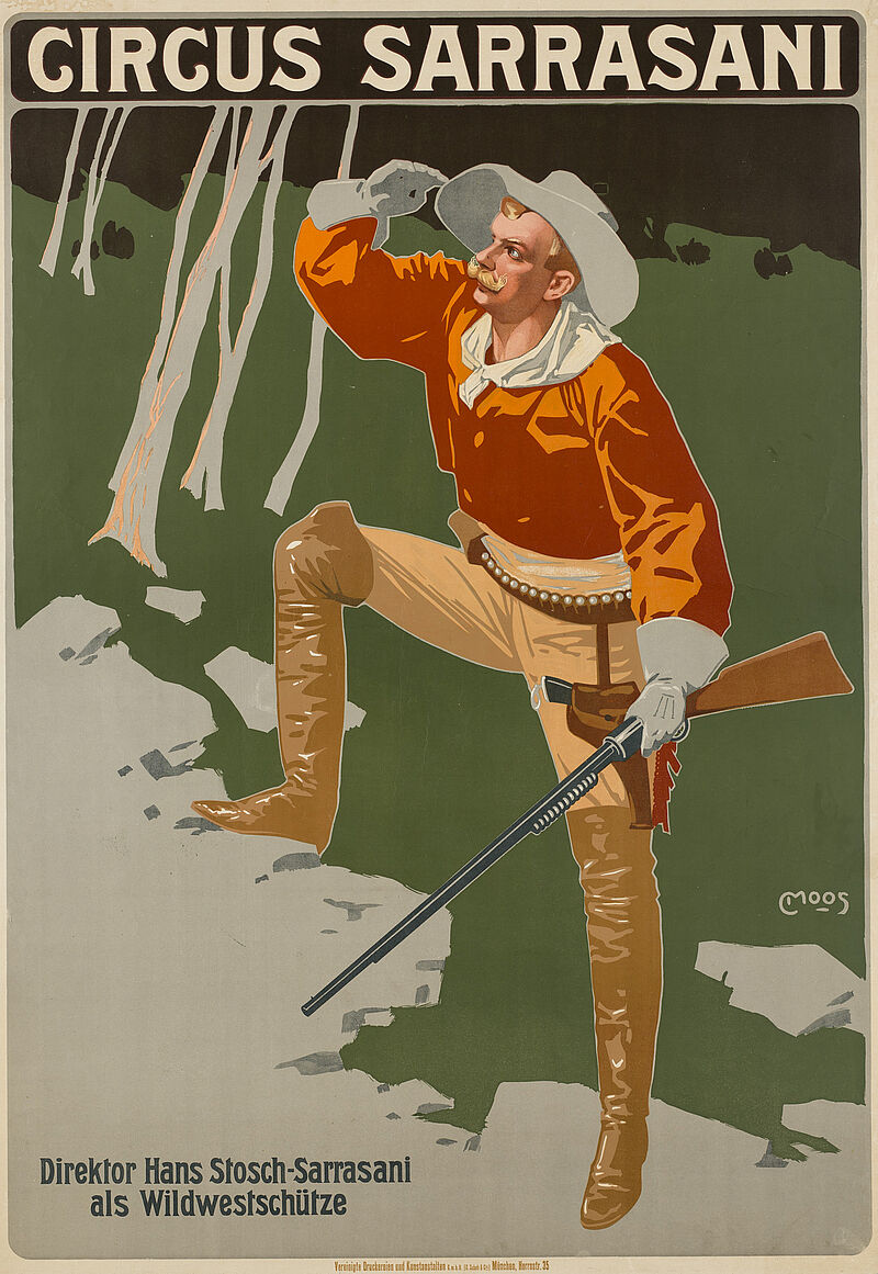 Carl Moos, „CIRCUS SARRASANI / Direktor Hans Stosch-Sarrasani als Wildwestschütze“ (Originaltitel), um 1912