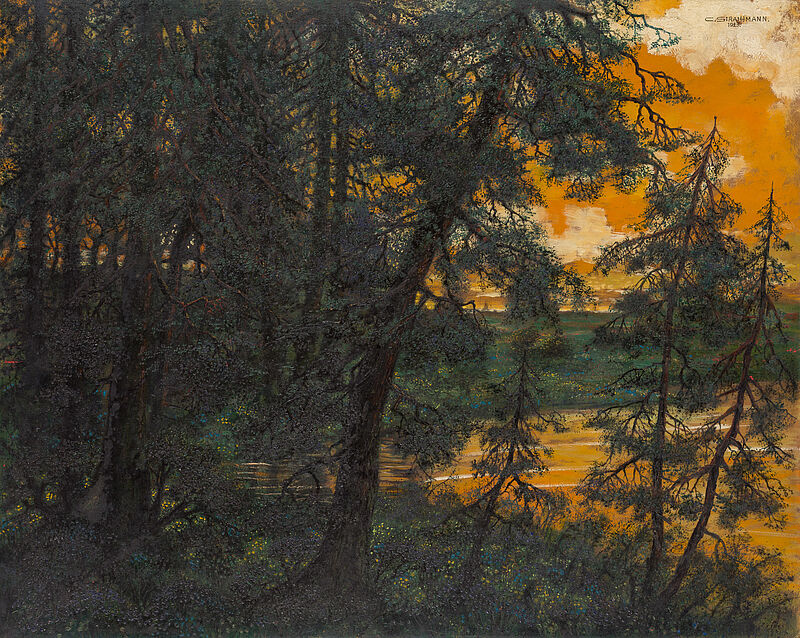 Carl Strathmann, Waldlandschaft vor Sonnenuntergang, 1923