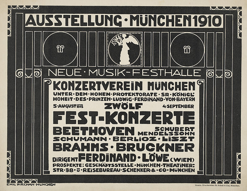 Emil Pirchan, „AUSSTELLUNG · MÜNCHEN 1910 / Neue · Musik-Festhalle / KONZERTVEREiN MÜNCHEN / ZWÖLF / FEST-KONZERTE / DiRiGENT / FERDiNANT · LÖWE“ (Originaltitel), 1910