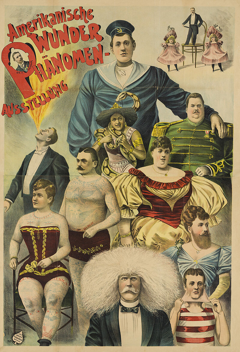 Fa. Lith. Adolph Friedländer, "Amerikanische Wunder Phänomen-Ausstellung" "Dr. F. Geissler" (Originaltitel), um 1896