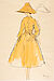 Bernard Blossac, Frau in gelbem Kostüm mit Hut, Modell Christian Dior, um 1950