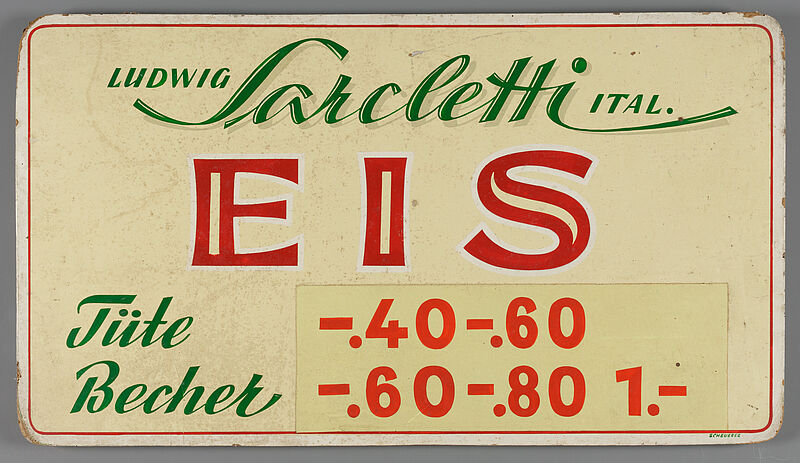 Preisschild Eisdiele Sarcletti, 1960er Jahre