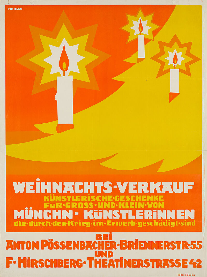 Emil Pirchan, "WEiHNACHTS-VERKAUF / MÜNCHN · KÜNSTLERINNEN / BEi ANTON PÖSSENBACHER / UND / F. HiRSCHBERG" (Originaltitel), um 1919