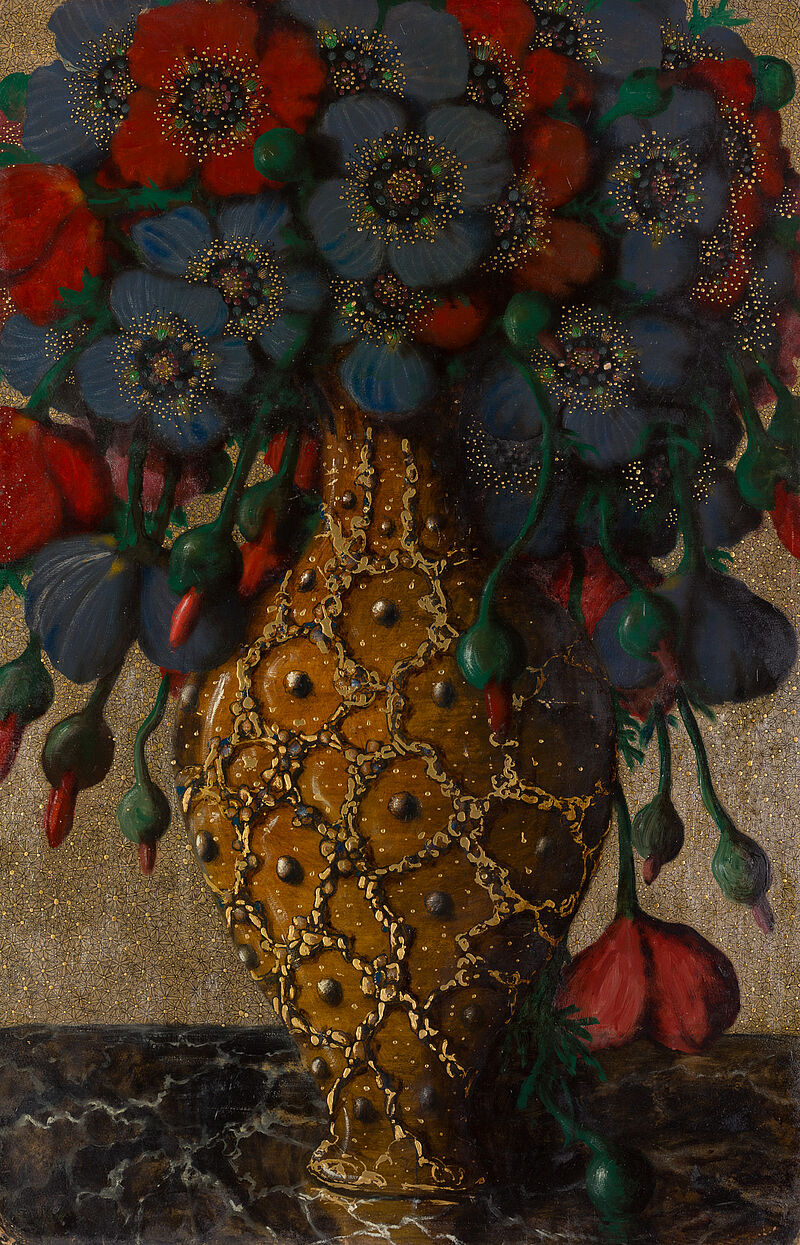 Carl Strathmann, Rote und blaue Blumen in gelber Vase, um 1917