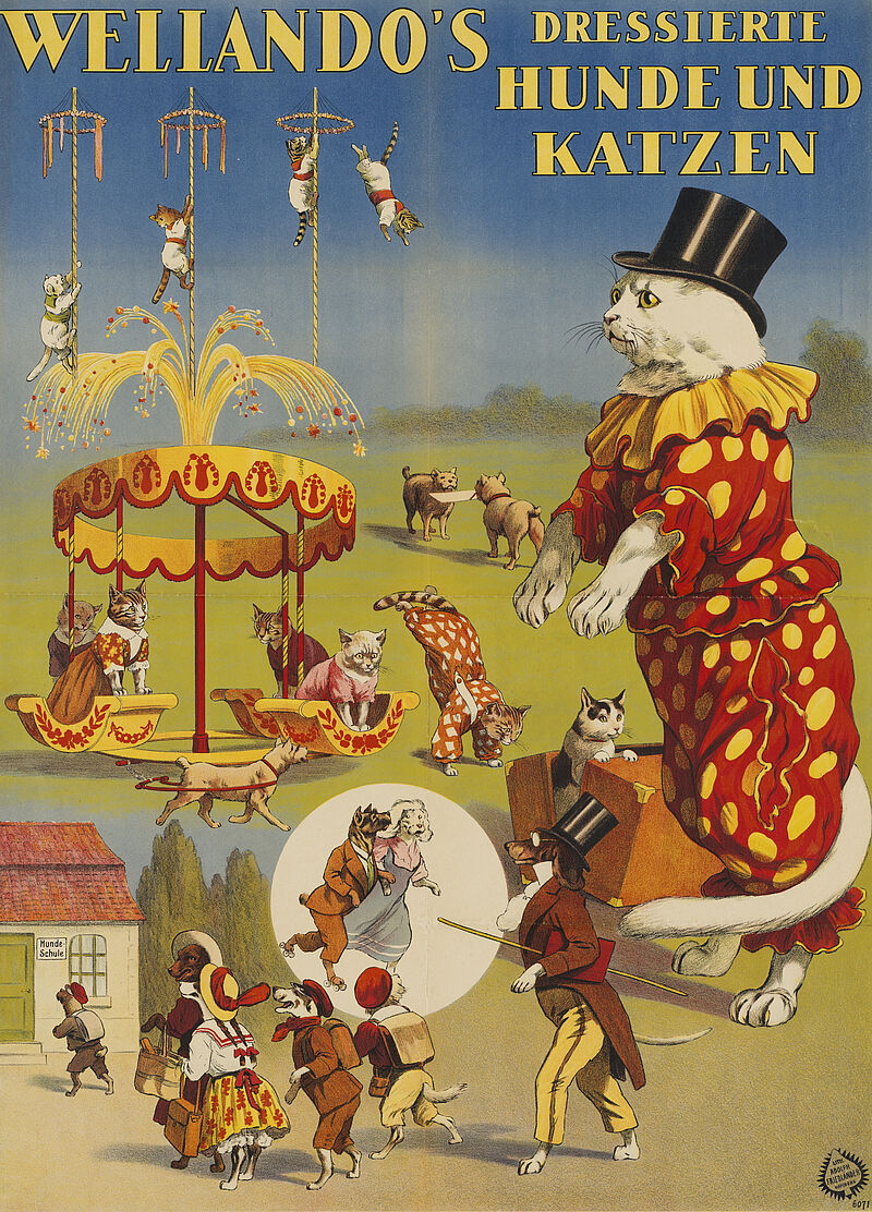 Fa. Lith. Adolph Friedländer, "Wellando's dressierte Hunde und Katzen" (Originaltitel), um 1913