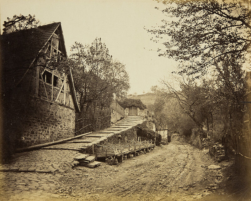 Georg Maria Eckert, Ländliche Studien und Schiffe auf dem Neckar – Landstraße und aufsteigender Weg mit Bauernhäusern, 1867/68