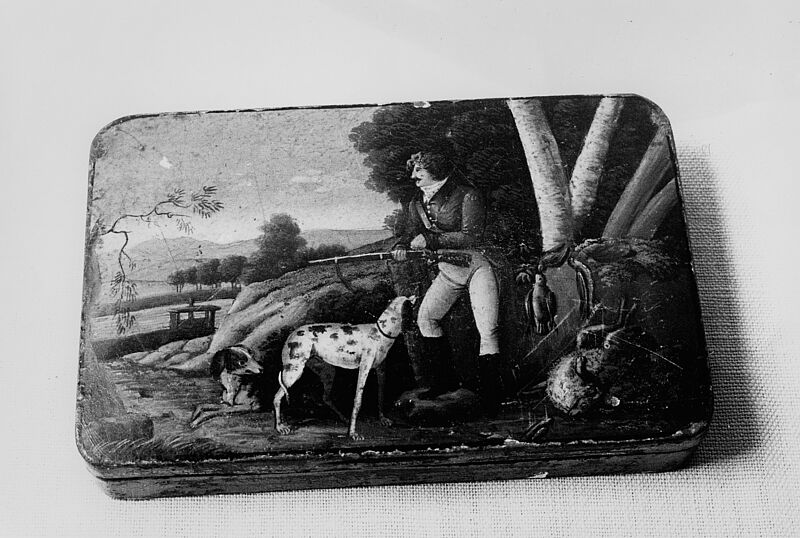 Tabaksdose mit Darstellung eines Jägers mit Hunden, um 1820/1830