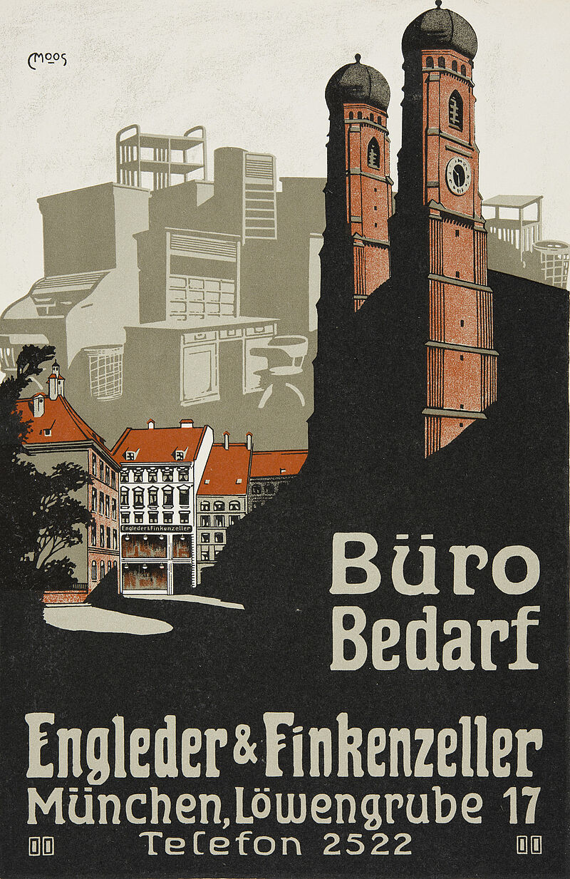 Carl Moos, „Büro Bedarf / Engleder & Finkenzeller / München, Löwengrube 17“ (Originaltitel), um 1910