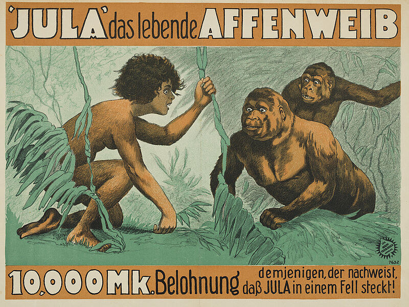 Fa. Lith. Adolph Friedländer, "Jula - das lebende Affenweib - 10000 Mk. Belohnung demjenigen, der nachweist, daß Jula in einem Fell steckt!" (Originaltitel), um 1924