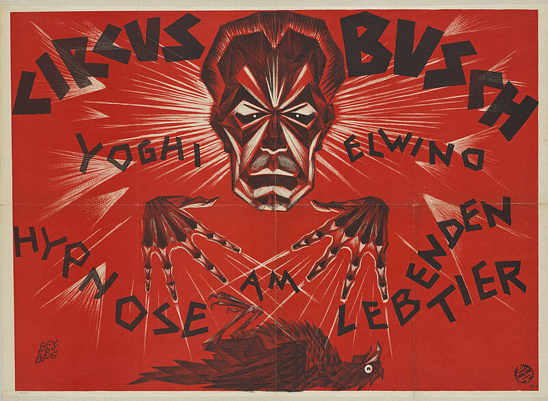 Fa. Lith. Adolph Friedländer, Plakat "Circus Busch – Yoghi Elwino – Hypnose am lebenden Tier", Hypnotiseur, um 1920