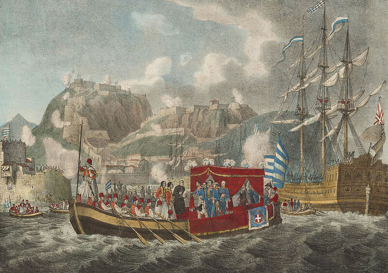 Gustav Wilhelm Kraus, Empfang König Ottos I. von Griechenland durch griechische Deputierte bei der Ausschiffung im Hafen von Nauplia, 1833