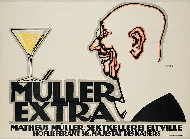 Julius Klinger, „MÜLLER EXTRA / MATHEUS MÜLLER * SEKTKELLEREI ELTVILLE / HOFLIEFERANT SR. MAJESTÄT DES KAISERS“ (Originaltitel), um 1910